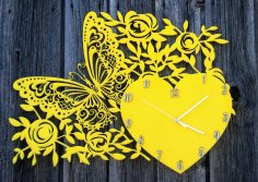 Laser Cut Decor Wall Clock With Butterfly Heart And Flowers Free Vector